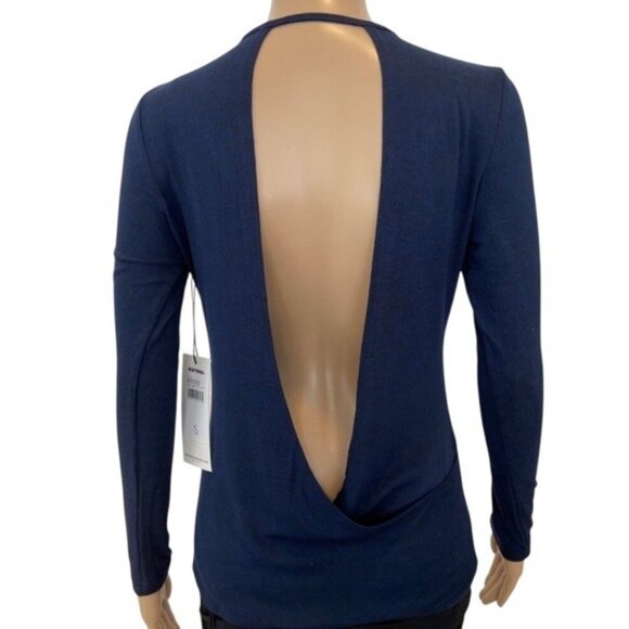 Womens Navy Open-Back Long Sleeve Top S Karma Stretchy Fabric Casual Fit Round - Picture 2 of 13